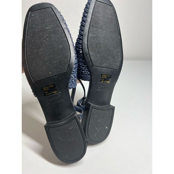 Jasmin Navy Blue Stretch Macrame  Leather Combination Flat Heel Sling Back Slip - Picture 3 of 5